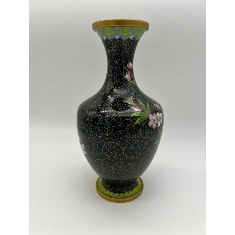 Vintage MCM‎ Black & Gold Chinese Asian Cloisonne Metal Vase 8 1/4